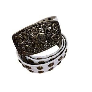 White Leather Western Style Belt Brass Buckle Womens Size M/L Studded Y2K Retro‎